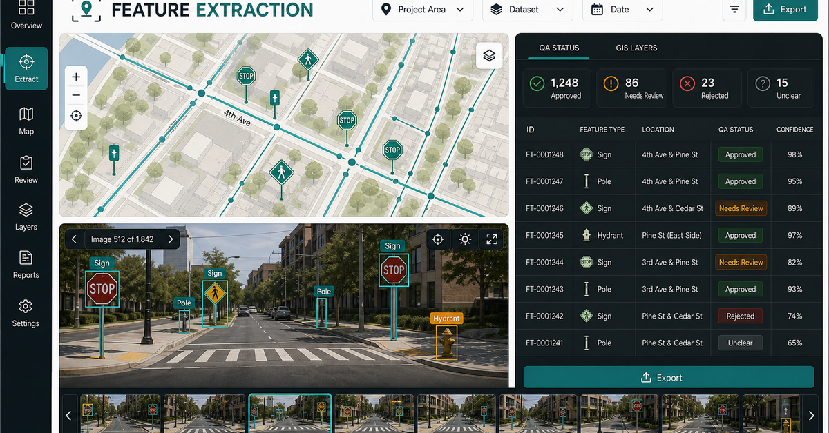 Municipal GIS automation proof showing asset inventory records, QA status, inspection queue, and scheduled reporting output.